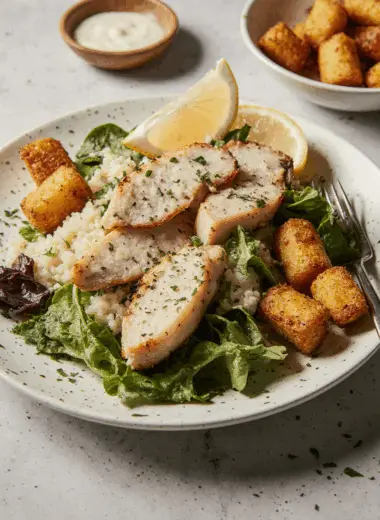 Chicken Caesar Salad with Crispy Parmesan Tots