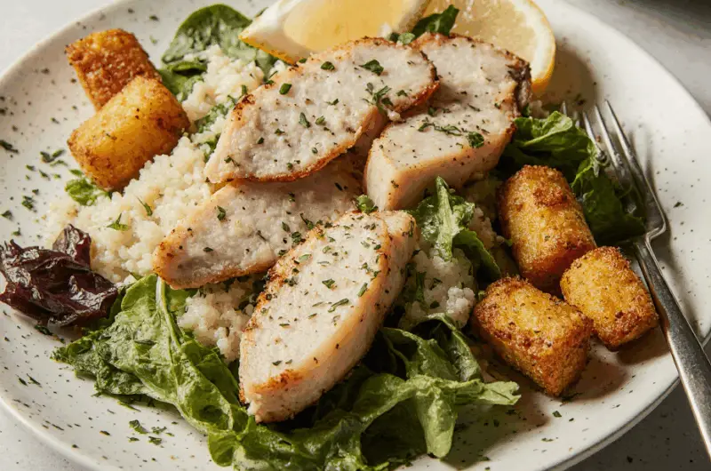 Chicken Caesar Salad with Crispy Parmesan Tots