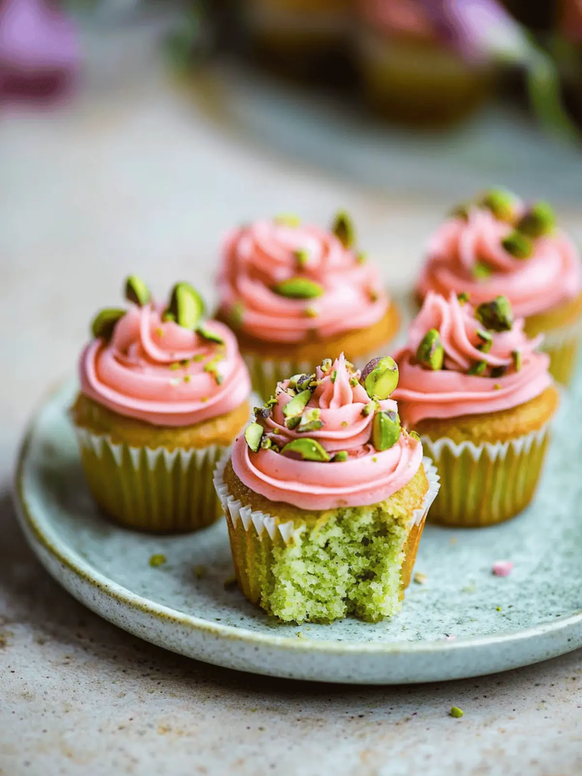 Vegan Mini Rose Pistachio Cupcakes