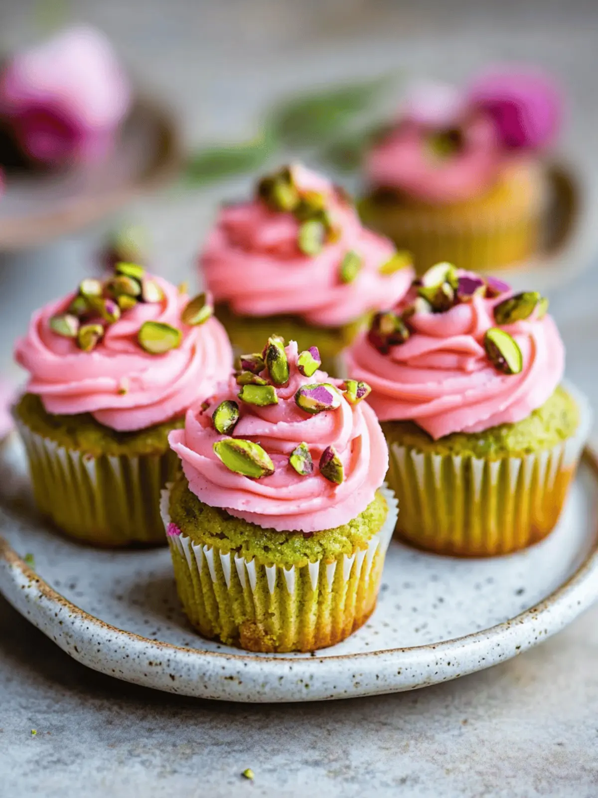 Vegan Mini Rose Pistachio Cupcakes