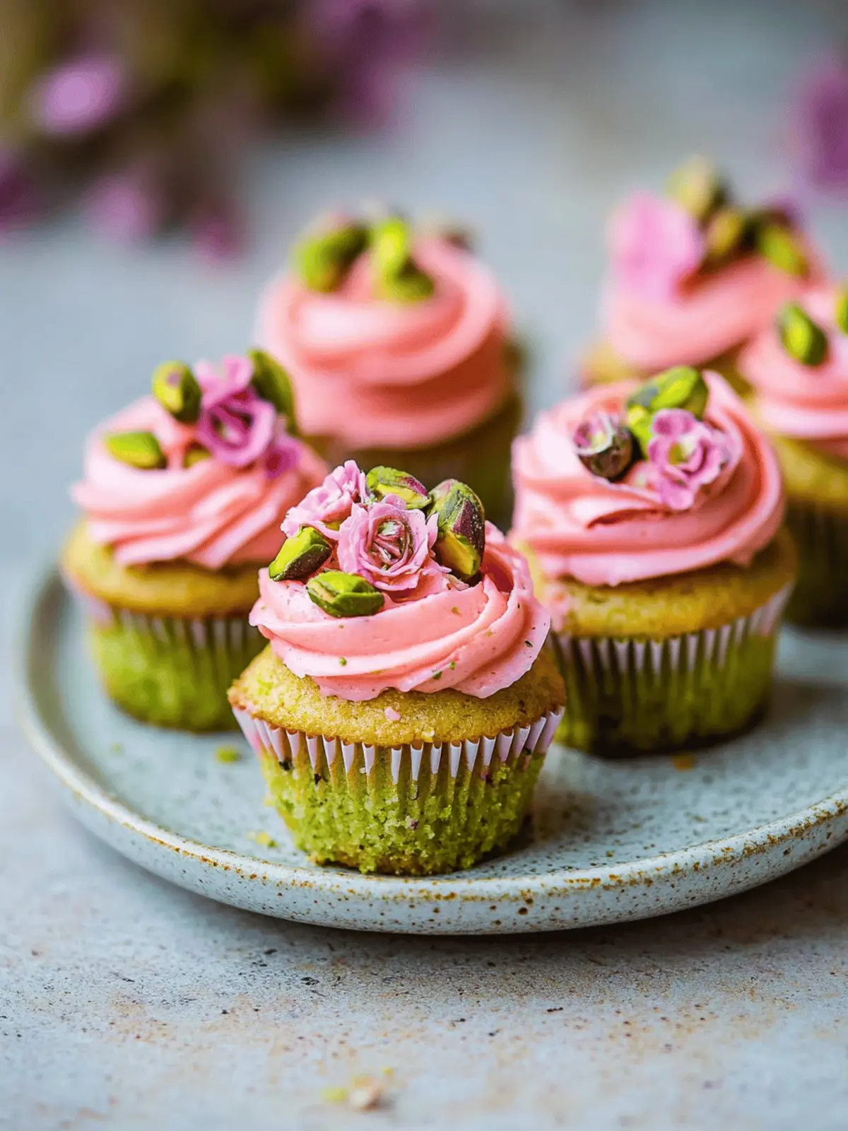 Vegan Mini Rose Pistachio Cupcakes