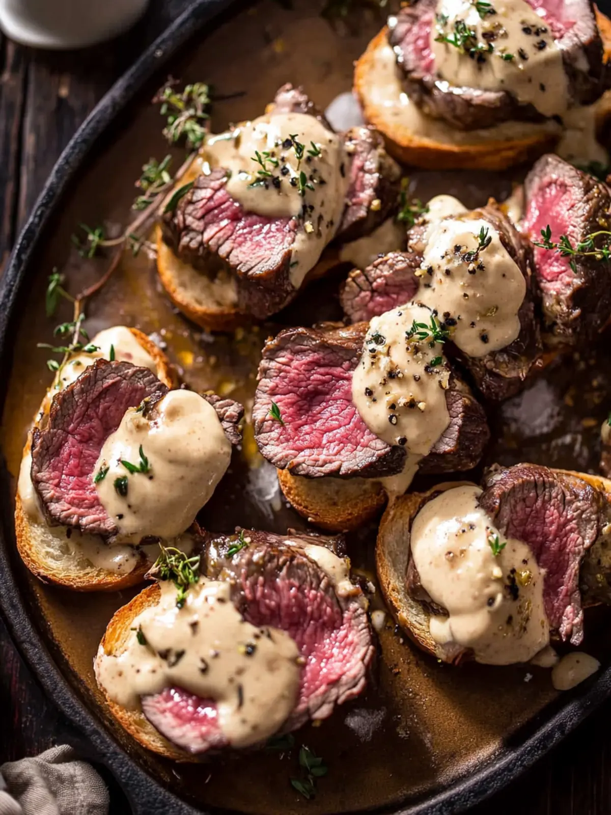 Savory Beef Tenderloin Crostini with Creamy Wine Sauce 2 Beef Tenderloin Crostini