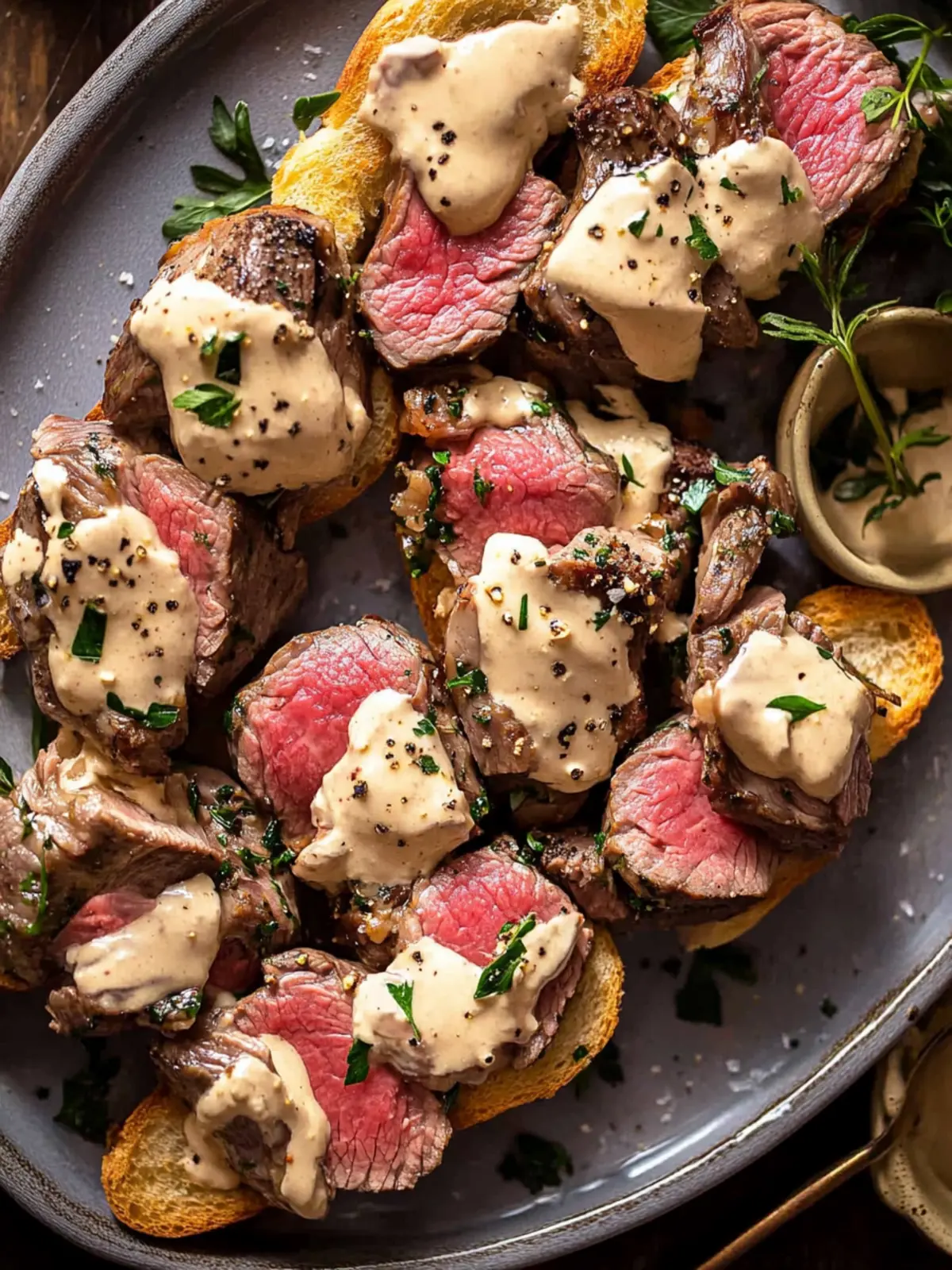 Savory Beef Tenderloin Crostini with Creamy Wine Sauce 5 Beef Tenderloin Crostini