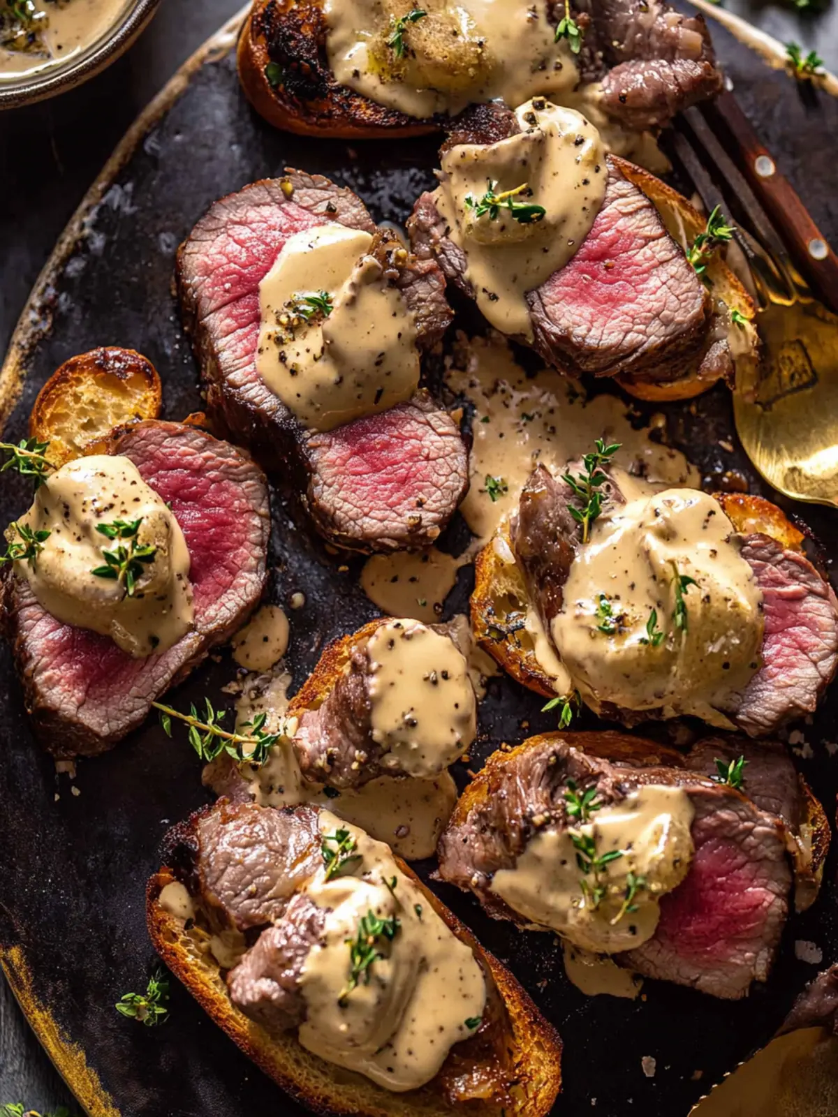 Savory Beef Tenderloin Crostini with Creamy Wine Sauce 3 Beef Tenderloin Crostini
