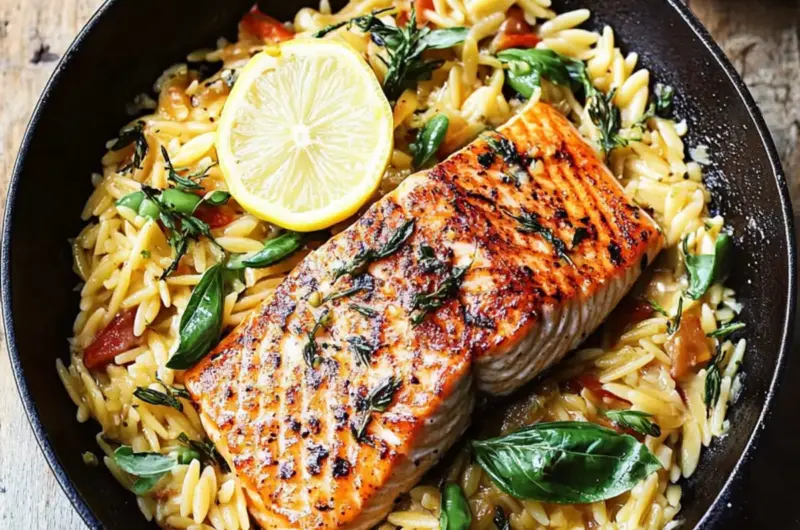 One Skillet Salmon with Lemon Orzo