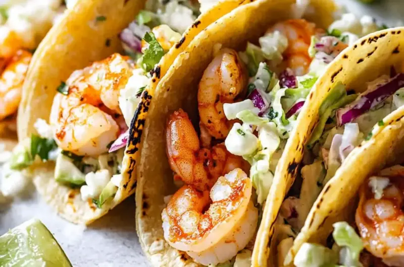 Shrimp Tacos with Poblano Lime Slaw