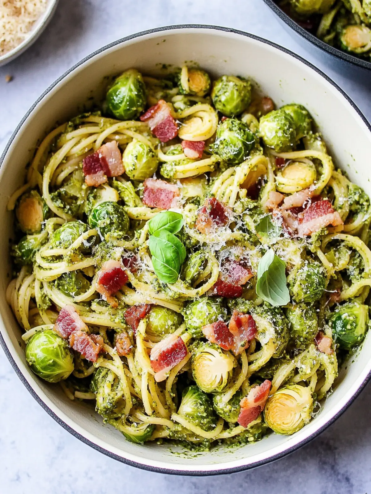 Brussels Sprouts and Bacon Pesto Pasta in 30 Minutes or Less 2 Brussels Sprouts and Bacon Pesto Pasta