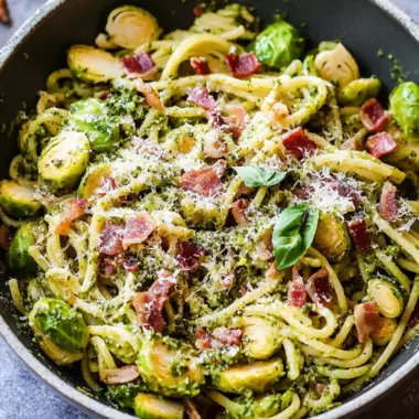 Brussels Sprouts and Bacon Pesto Pasta in 30 Minutes or Less 10 Brussels Sprouts and Bacon Pesto Pasta