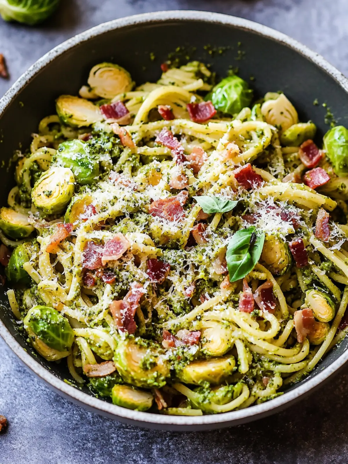 Brussels Sprouts and Bacon Pesto Pasta in 30 Minutes or Less 5 Brussels Sprouts and Bacon Pesto Pasta