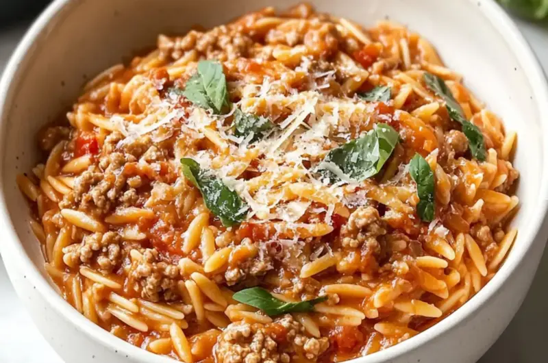Ground Beef Orzo with Tomato Cream Sauce