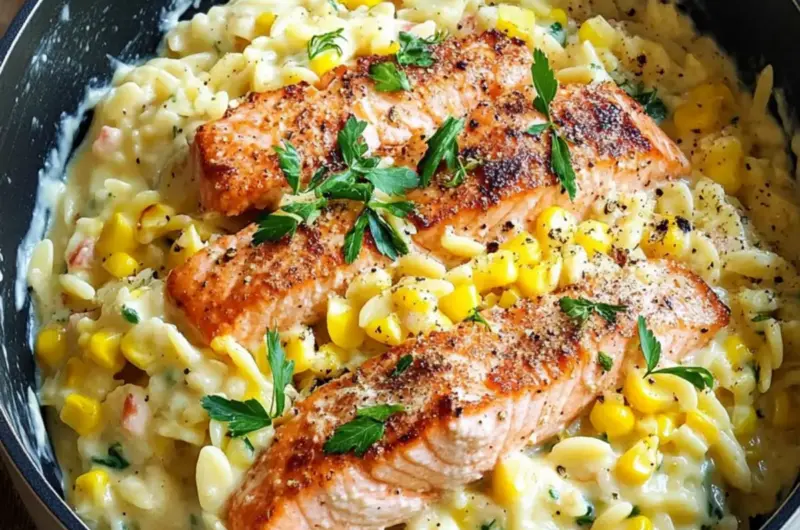 Creamed Corn Orzo with Salmon