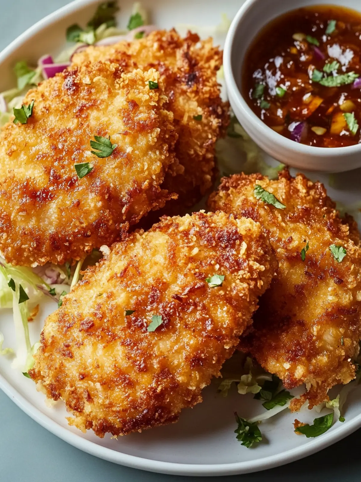 Tropical Crunchy Coconut Chicken with Spicy Mayo & Salad 3 Crunchy Coconut Chicken