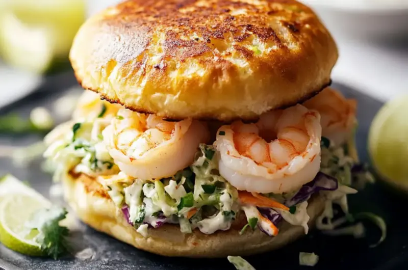 Shrimp Burger with Jalapeño Lime Slaw