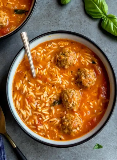 Tomato Orzo Soup with Chicken Meatballs