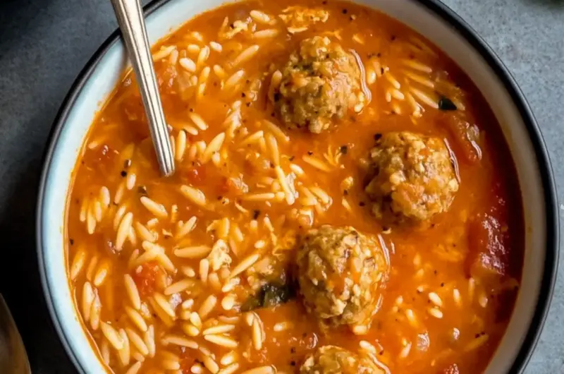 Tomato Orzo Soup with Chicken Meatballs