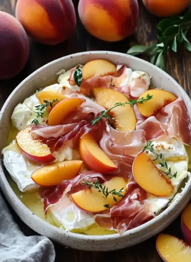Baked Brie with Peach, Prosciutto & Hot Honey